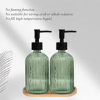 Glass Hand and Dish Soap Dispenser Set of 2 with Plastic Pumps, Bamboo Tray, 13.5oz Green Bathroom Soap Dispenser with Vertical Stripe for Hand Wash & Dish Wash, Ideal for Bathroom Kitchen Countertop