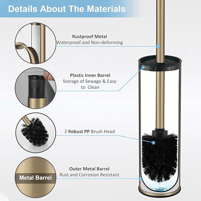 BGL Brushed Gold Toilet Brush and Holder,Stainless Steel Toilet Brushes for Bathroom with Holder