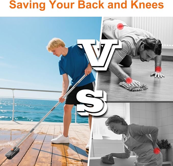 Floor Scrub Brush with Long Handle, BITOPE 3 in 1 Stiff Bristles Deck Brush 360° Rotating Floor Scrubber with Squeegee, Tweezer for Clean Patio, Deck, Tile, Concrete, Balcony Outdoor