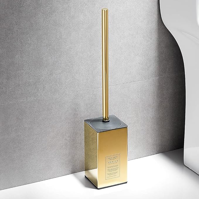 Freestanding Toilet Brush Holder for bathrooms 304 Stainless Steel Toilet Brush Stand Square Storage and Organization Rust Resistant 17-inch high Polished Gold Finished