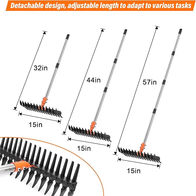 Garden Thatch Rake for Lawn, Heavy Duty Metal Thatching rake with Strong Handle, Wide 15inch Iron Dethatcher Rakes for Yard Leaf & Weed Clean, Soil Loose, Grass Groom