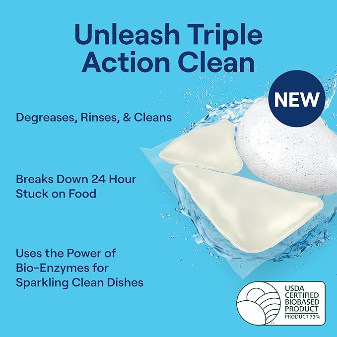 Seventh Generation Triple Action Clean Automatic Dishwasher Detergent Packs with Bio-Enzyme Power, Free & Clear, Fights 48-hour Stuck-on Food, 54 count