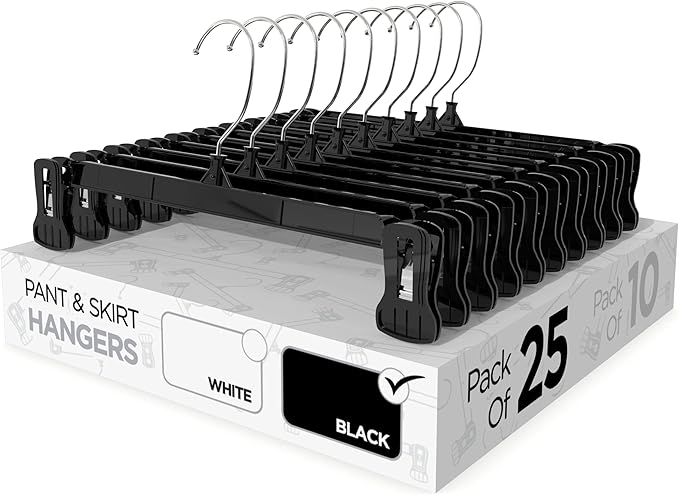 Sharpty Pant & Skirt Hangers - Closet Hangers for Shorts, Shirts, Jeans, Dresses, Slacks, Coats, Clothes, Clothing, Garments & More - Durable, Space Saving & Non-Slip, Black - 25 Pack