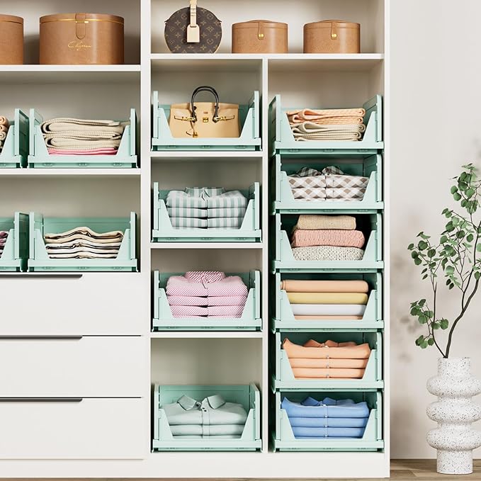 6 Pack Stackable Closet Storage Basket - Stackable Storage Bins, Multifunctional & Foldable Closet Organizer, Wardrobe Cupboard Space-Saving Hat Storage Drawer Organizer, Green