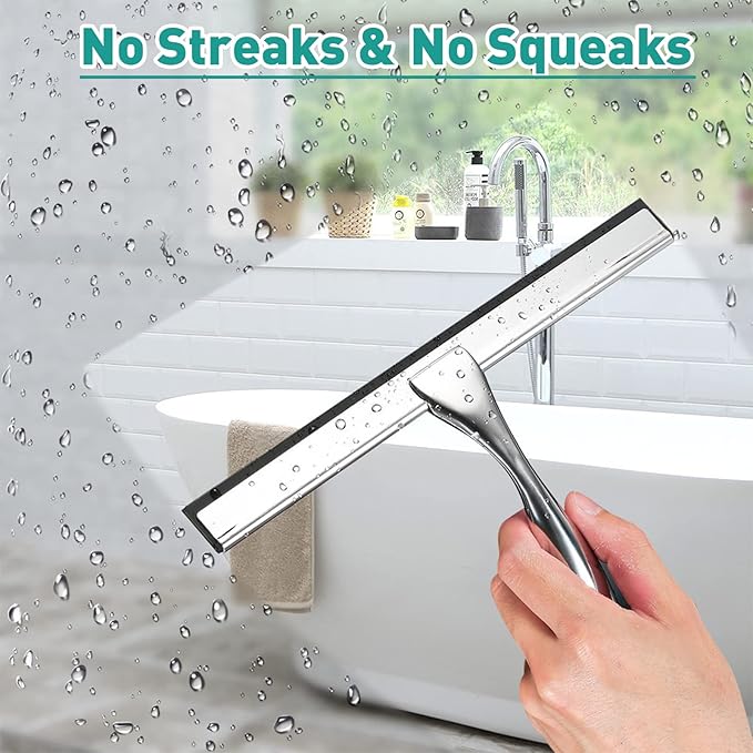 Shower Squeegee for Glass Doors,14-Inch Shower Glass Squeegee, Sliver Shower Squeegee for Shower Doors,Mirror,Windows, with Shower Door Hook and Adhesive Hook