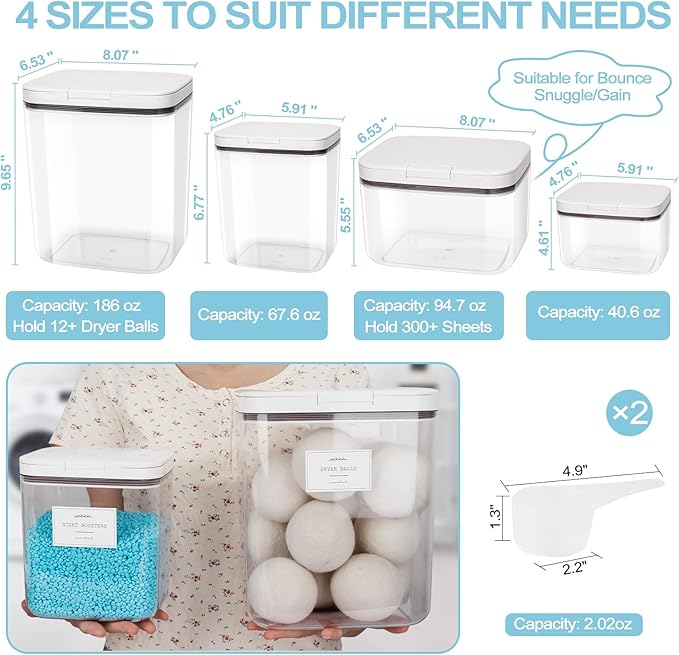 4 Pack Stackable Laundry Pods Container & Dryer Sheet Holder with Pop-Up Lids & Labels, Sealing Laundry Room Organization and Storage Jars for Powder, Scent Bead, Dryer Balls