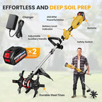 Cordless Tiller Cultivator, 21V 450RPM Electric Tiller with Battery Level Display, 2 * 4.0Ah Batteries & Charger, Tiller for Gardening, Lawn, Soil (Cultivation Width 10"/ Depth 9")