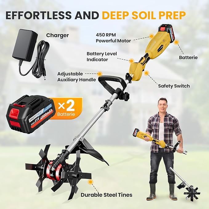 Cordless Tiller Cultivator, 21V 450RPM Electric Tiller with Battery Level Display, 2 * 4.0Ah Batteries & Charger, Tiller for Gardening, Lawn, Soil (Cultivation Width 10"/ Depth 9")