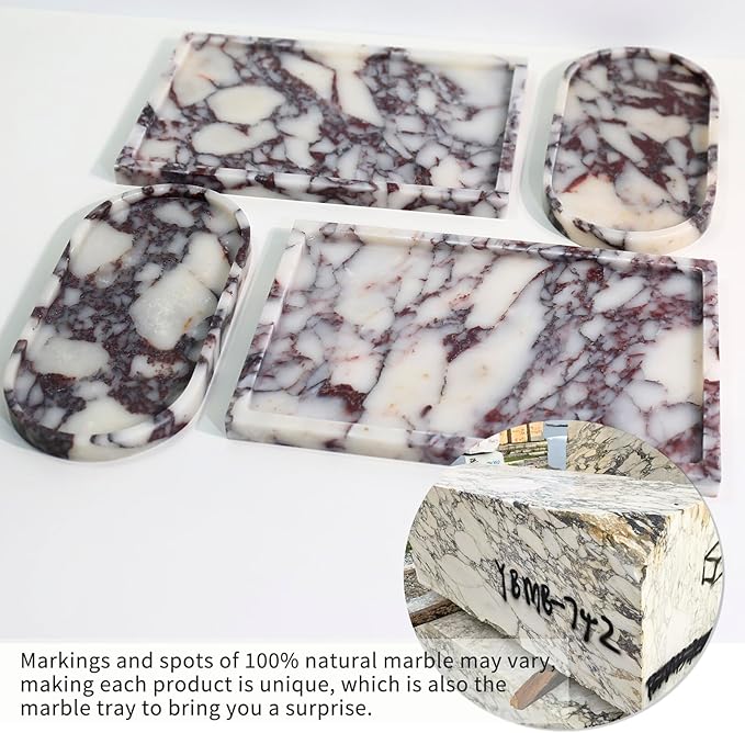 Real Luxurious Natural Marble Vanity Tray Genuine Marble Storage Tray for Home Decor Stone Tray for Bathroom/Kitchen/Vanity/Dresser Non-Resin/Non-Ceramic/Viola Oval Set