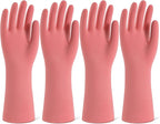 Rubber Cleaning Gloves for Dishwashing, 4 Pairs Reusable Kitchen Gloves for Washing Dishes and Household Cleaning, Pink Dish Gloves with Flocked Lining and Non-Slip Grip, Pefect for Woman Men - L
