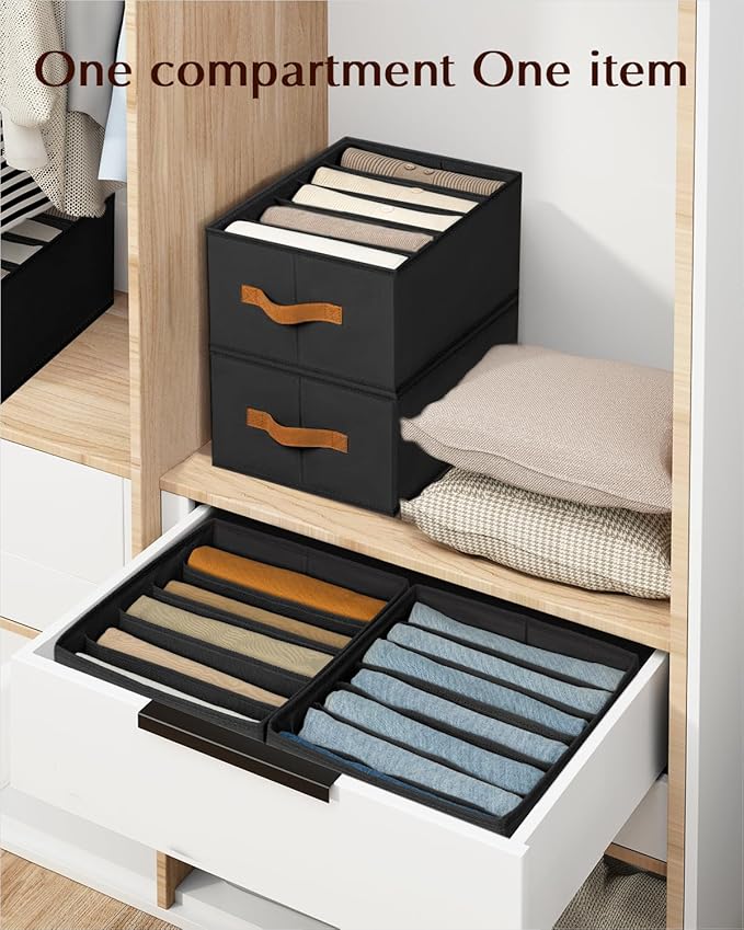 Homsorout Clothes Organizers and Storage - 4/5/7 Grids Fabric Jeans Organizer with Handles, Foldable Closet Organizers Dividers, Wardrobe organizer for Pant, Sweater, T-shirt, Scarf, 6 Pack, Black