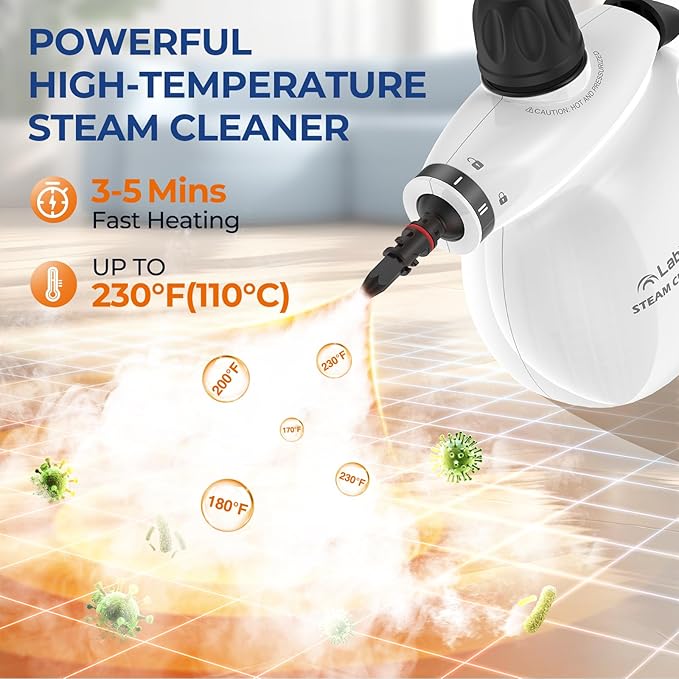 LABIGO Steam Cleaner, Pressurized Handheld 13pcs Multi-Purpose Natural Deep Cleaning Steamer, Portable Steamer for Cleaning Home, Grout, Kitchen, Car, Window, Upholstery, Bathroom and Clothes, White
