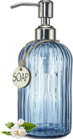JASAI 18Oz Navy Blue Glass Soap Dispenser for Kitchen & Bathroom, Refillable Kitchen soap Dispenser with Vertical Stripe, Bathroom Soap Dispenser for Dispense Hand soap& Dish Soap.