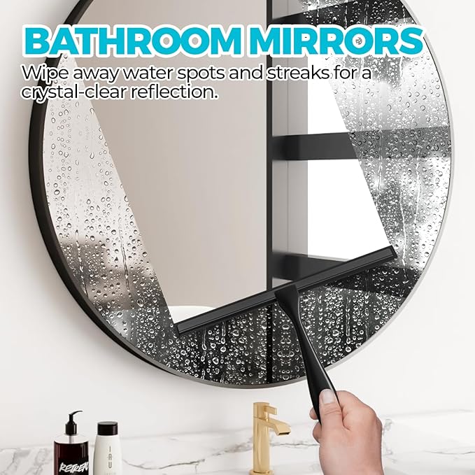 2PACK All-Purpose Shower Squeegee for Shower Doors, Tile Shower Walls, Bathroom, Window, Glass and Car Windshield, Mirrors and Kitchen-Stainless Steel, 9.5 Inches, Black