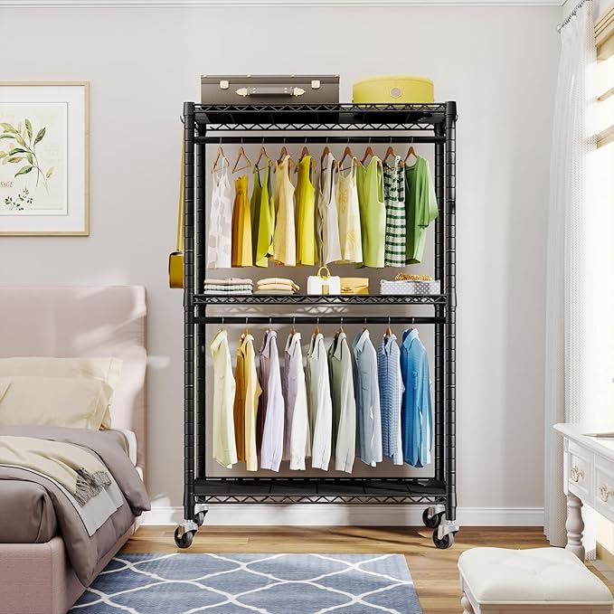 P3 Rolling Clothes Rack, Clothing Racks for Hanging Clothes, Heavy Duty Garment Rack with Wheels, Freestanding Portable Closet Organizer 39.4''W x 14''D x 78.5''H, Max Load 464 LBS, Black