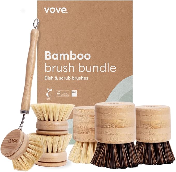 Vove Dish Brush Bundle - FSC-Certified Bamboo Dish Brush & Scrub Brush, 3 Replacement Heads - Natural Fiber Bristles - Non-Toxic, Plastic-Free Kitchen Set