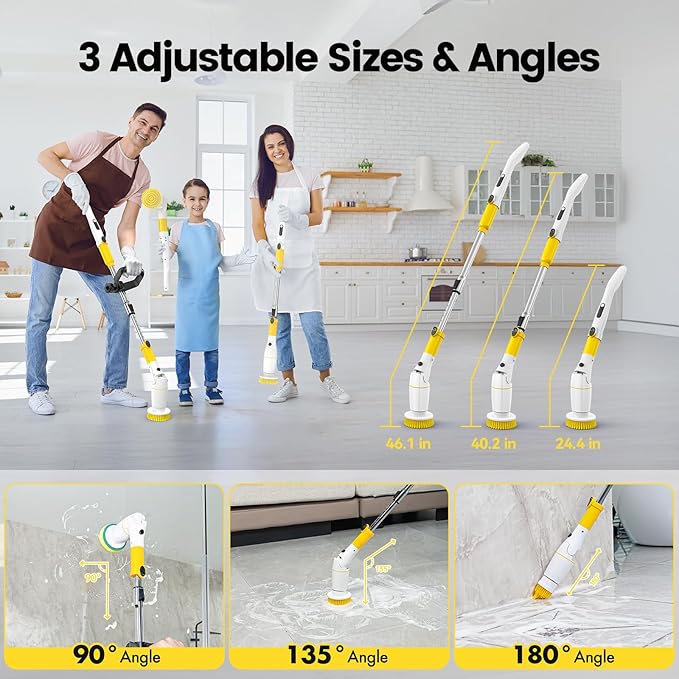 Electric Spin Scrubber, Cordless Cleaning Brush Shower Scrubber Up to 550 RPM with 9 Replaceable Brush Heads, Bathroom Scrubber Adjustable Extension Handle for Bathroom Kitchen Car (Yellow)