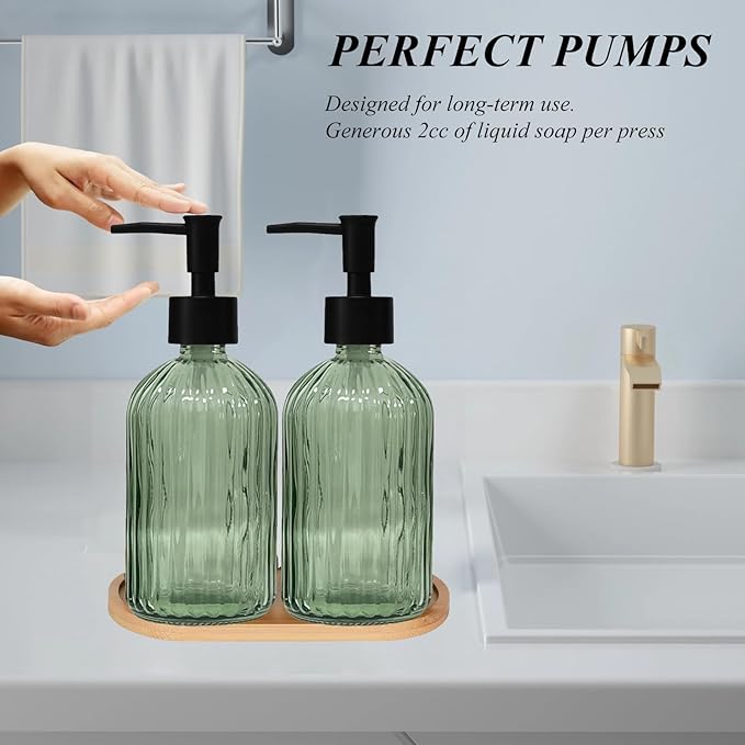 Glass Hand and Dish Soap Dispenser Set of 2 with Plastic Pumps, Bamboo Tray, 13.5oz Green Bathroom Soap Dispenser with Vertical Stripe for Hand Wash & Dish Wash, Ideal for Bathroom Kitchen Countertop