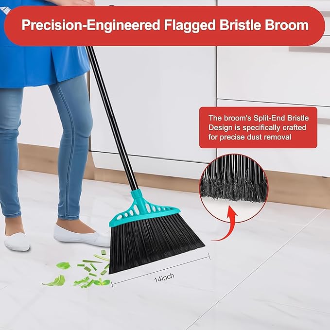 Outdoor Broom for Floor Cleaning, Heavy Duty Brooms with 55" Long Handle, Angle Brooms for Concrete Courtyard Home Patio Kitchen Shop Lobby Patio Lawn - Blue