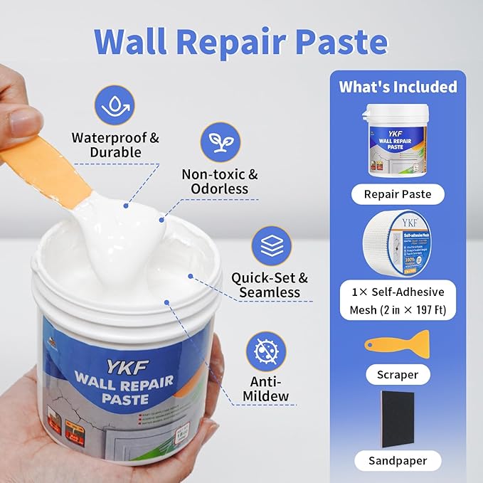 Drywall Repair Kit - 18 OZ Spackle Wall Repair with Self Adhesive Mesh & Scraper for Holes, Cracks - Quick and Easy Wall Surface Fix Solution
