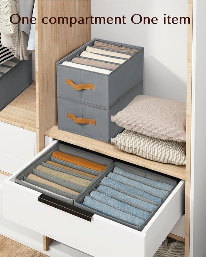 Clothes Organizers and Storage - 4/5/7 Grids Fabric Jeans Organizer with Handles, Foldable Closet Organizers Dividers, Wardrobe organizer for Pant, Sweater, T-shirt, Scarf, 6 Pack, Pale Grey