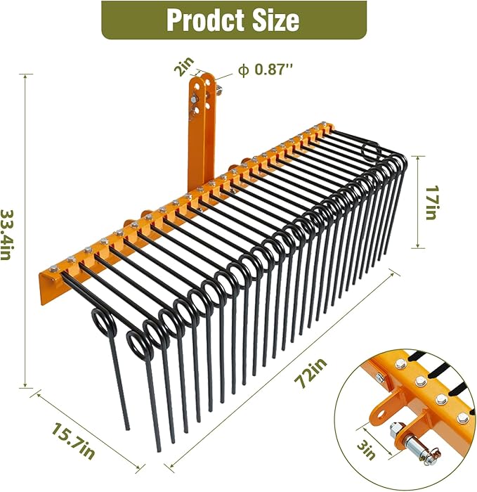 GAOMON Pine Straw Rake 72 Inch , 30 Coil Spring Tines Durable Powder Coated Steel Tow Behind Landscape Rake with 3 Point Hitch Receiver Attachment Fit to Cat0 Cat 1 Tractors for Leaves Grass