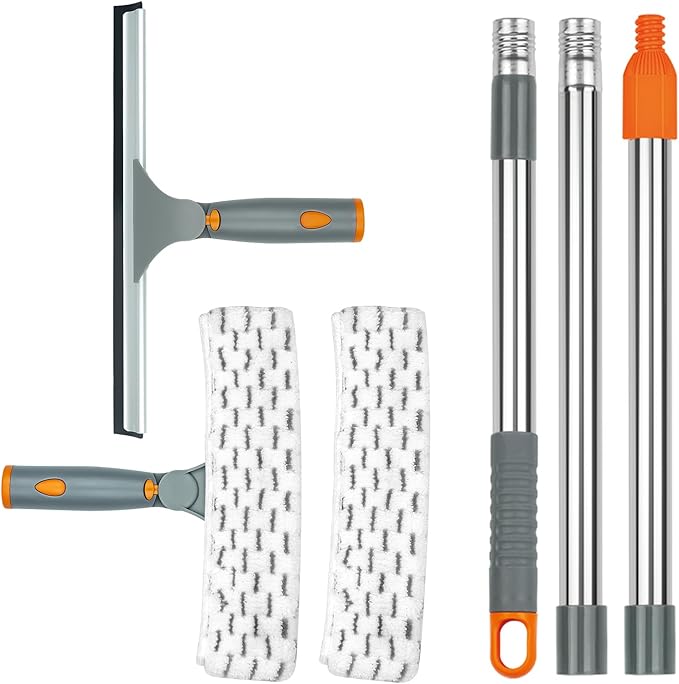 Window Cleaner Tool with Long Handle, BITOPE 60" Shower Squeegee for Window Cleaning with Telescopic Pole, 12" Squeegee & 10" Microfiber Cleaning Pads Kit for Glass Door Car Mirror