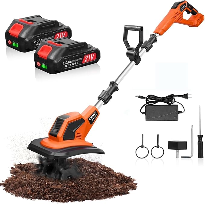 Cordless Tiller Cultivator, 21V 360RPM Electric Garden Tiller with 2x2.0Ah Battery & Charger, Battery Powered Garden Cultivator, 9" Width, 6.7" Depth, 48 Steel Tines Garden Rototiller for Gardening