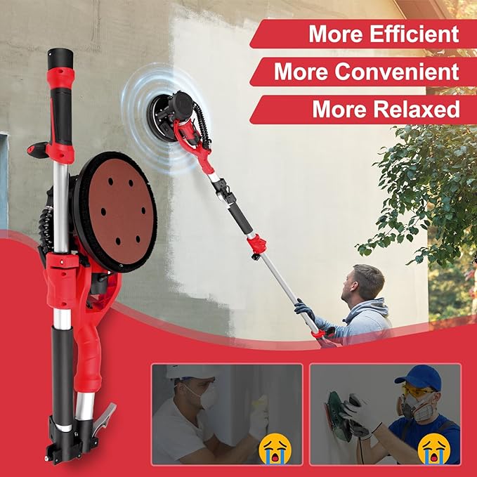 Drywall Sander, 1000W Popcorn Ceiling Removal Tool, Foldable Automatic Drywall Sander with Vacuum Dust Collection, LED Light, 6 Variable Speed 800-2200RPM,15Pcs Sanding Discs (Red）