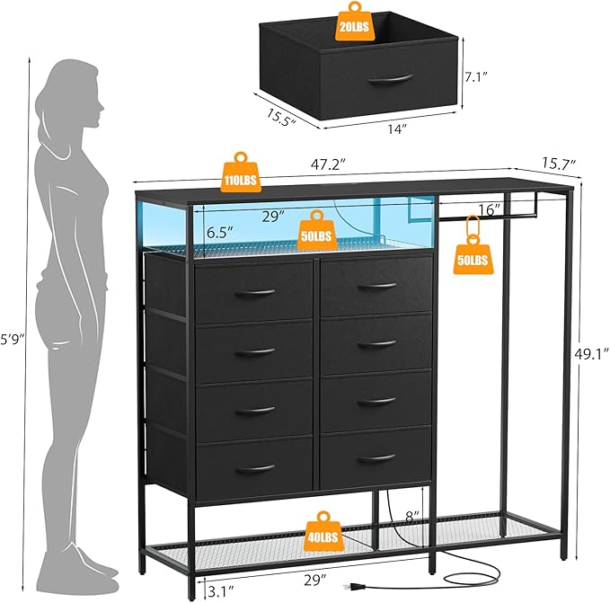 Black Dresser for Bedroom with 8 Drawers and Hanging Rack, 47 Inch Closet Dressers with LED Lights, Shelves & Charging Station, Clothes Storage Organizer