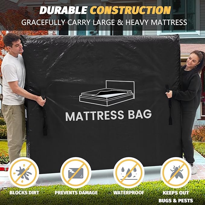 Mattress Bags for Moving and Storage, BETU Twin Mattress Protector Waterproof Mattress Cover with 8 Heavy Duty Handles and Zipper Extra Thick Moving Supplies for Dorm Bed Reusable (77x42x13.5 Black)