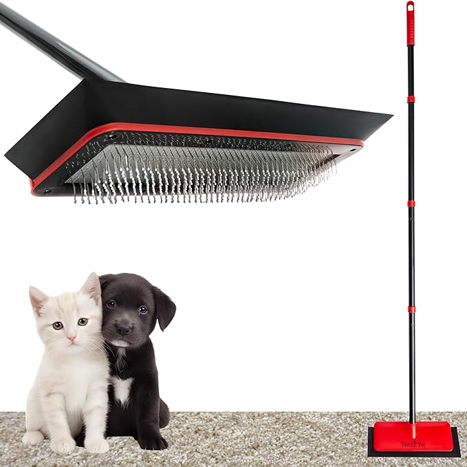 Dog Hair Carpet Rake – Cat and Dog Carpet Hair Removal Tool with Flex and Grab Bristles and Tri-Flex Rubber Edge – Adjustable Handle for Easy Fur Removal on Stairs Furniture Pet Beds Cat Towers