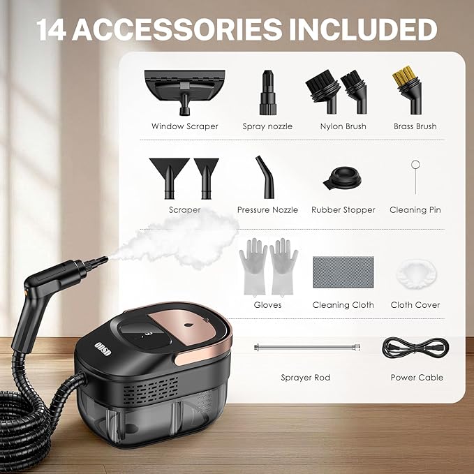 ODSD Steam Cleaner for Home & Car, 3-Level Adjustable Steamer for Cleaning, 15s Heat-Up & 1.6L Large Tank, Handheld Steam Cleaner for Car Detailing, Home, Tile, Grout, Furniture with 15pcs Accessories