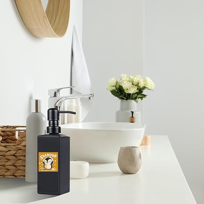 Soap Dispenser Bathroom, JINLIFA 12oz Black Glass Refillable Liquid Hand Dish Soap Dispenser (5 Labels)