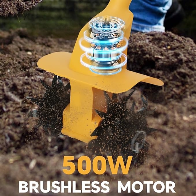 Cordless Tiller Cultivator for Dewalt 20v Battery, 500W Brushless Garden Tiller, 8.7" Tilling Width and 6.3" Depth, 330RPM Electric Rototiller for Gardening, Soil Cultivation(No Battery)