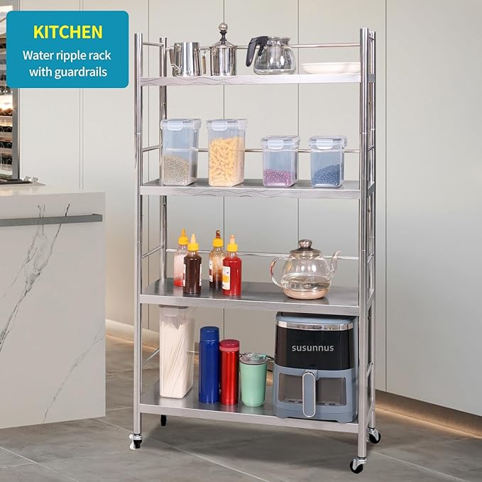susunnus Stainless Steel Shelf,Shelves for Storage,Metal Shelf,Kitchen Garage Shelves, with Wheels,Rolling Shelves,Adjustable Height,Weight Capacity 350LB (27.6in*10.2in-4T with guardrails)