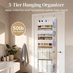 5 Tiers Over Door Organizer with 10 Mesh Side Pockets, 50 lbs Weight Capacity Hanging Storage Organizer with Clear Window Kids Toys, Shoes, Diapers, Beige