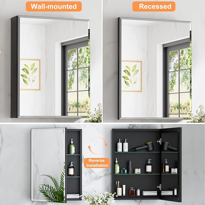 24x30 Inch Medicine Cabinet with Mirror, Aluminum Medicine Cabinet, Tempered Beveled Edge Mirror Single Door, Adjustable Shelves, Surface or Recessed Mount Bathroom Mirrors with Storage, Black