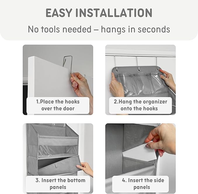 Heavy Duty Over The Door Organizer Hanging Storage – 6-Tier Behind The Door Storage with 5 Large, 6 Side & 3 PVC Pockets – 50 lbs Hanging Organizer for Closet, Nursery, Bathroom – 1 Pack, Gray