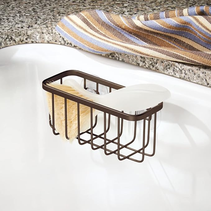 iDesign Gia Sink Suction Holder for Sponges, Scrubbers, Soap in Kitchen, Bathroom, Bathtubs, 5.75" x 2.25" x 2.5" - Bronze