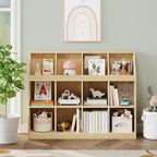 12-Cube Wooden Storage Bookcase - 11-Inch Open Shelf Cabinet, Simple Modern Bookshelf Organizer for Home Office, Living Room, Oak