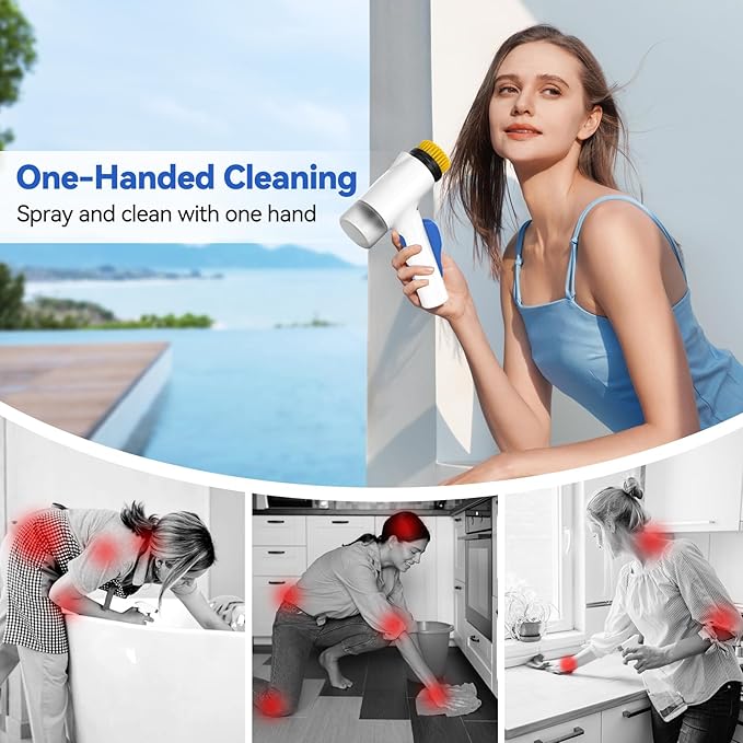 Electric Spin Scrubber 2 in 1 Scrubber Brush & Cleaning Spray with No-Rinse Formula Cleaner IPX7 Full Body Waterproof Bathroom Cleaning Brush With 6 Brush Heads for Kitchen,Bathroom, Grill，Tile