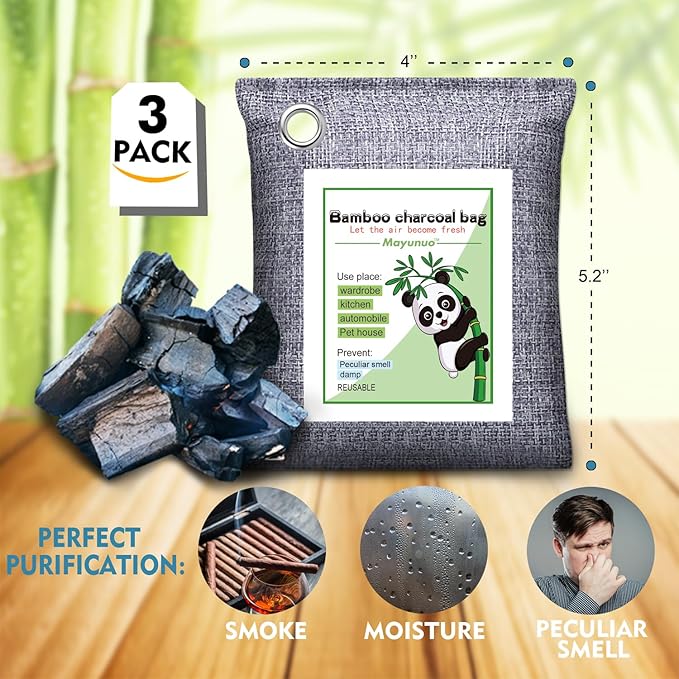 Activated Charcoal Odor Absorber for Strong Odor in Basement, Cars, Closets, Smoke, Shoes. 3 Pack Bamboo Charcoal Air Purifying Bags Deodorizer Odor Eliminator for Home