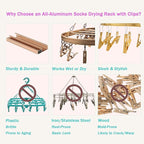 Aluminum Hanging Drying Racks for Laundry with 26 Non-Slip Clips, and Wind-Resistant Hook, Laundry Drying for Socks, Baby Clothes, Underwear, and Delicates.Oval & One-Piece Design, (Dark Red)