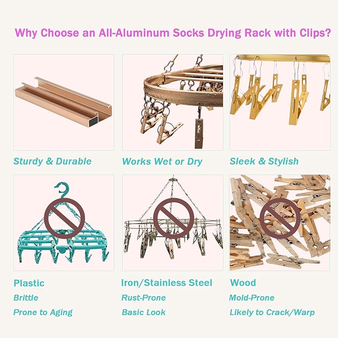 Aluminum Hanging Drying Racks for Laundry with 26 Non-Slip Clips, and Wind-Resistant Hook, Laundry Drying for Socks, Baby Clothes, Underwear, and Delicates.Oval & One-Piece Design, (Dark Red)