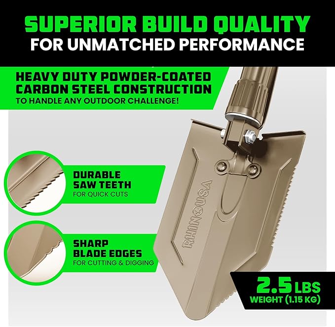 RHINO USA Folding Survival Shovel w/Pick - Heavy Duty Carbon Steel Military Style Entrenching Tool for Off Road, Camping, Gardening, Beach, Digging Dirt, Sand, Mud & Snow - Tan