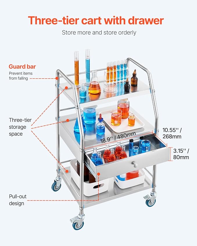 VEVOR Service Cart, 3 Layers Stainless Steel Utility Rolling Cart with Drawer, Lockable Wheels, Ideal for Laboratory, Hospital, Dental Use