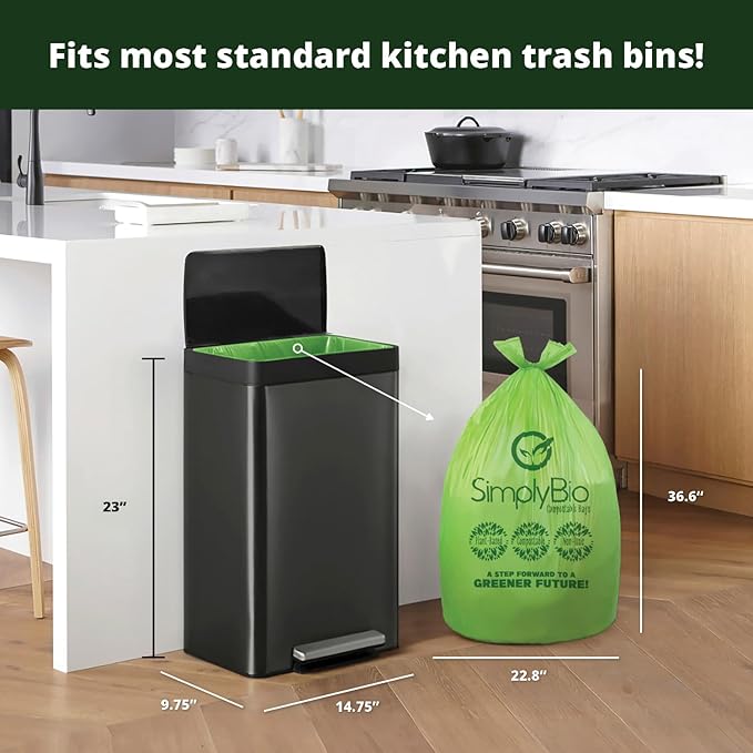 13 Gallon Compostable Trash Bags Liners with Handle-Tie, Thick 0.87 Mil, 49.21 Liter, 30 Bags, Tall Kitchen Food Scrap Waste Bag, ASTM D6400, US BPI and OK Compost Home Certified