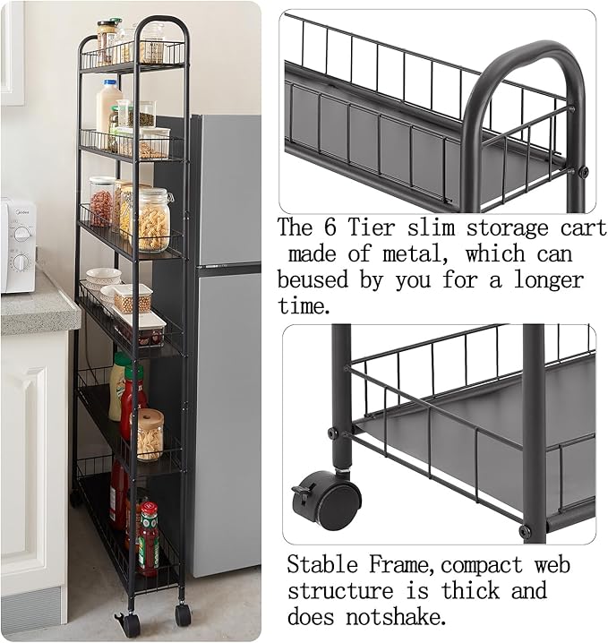 Slim Rolling Cart,6-Tier Storage Cart with Handle, 6in Mobile Shelving Unit with Wheels, Metal Wire Storage Rack with Baskets for Kitchen Bathroom Office Laundry Narrow Piaces