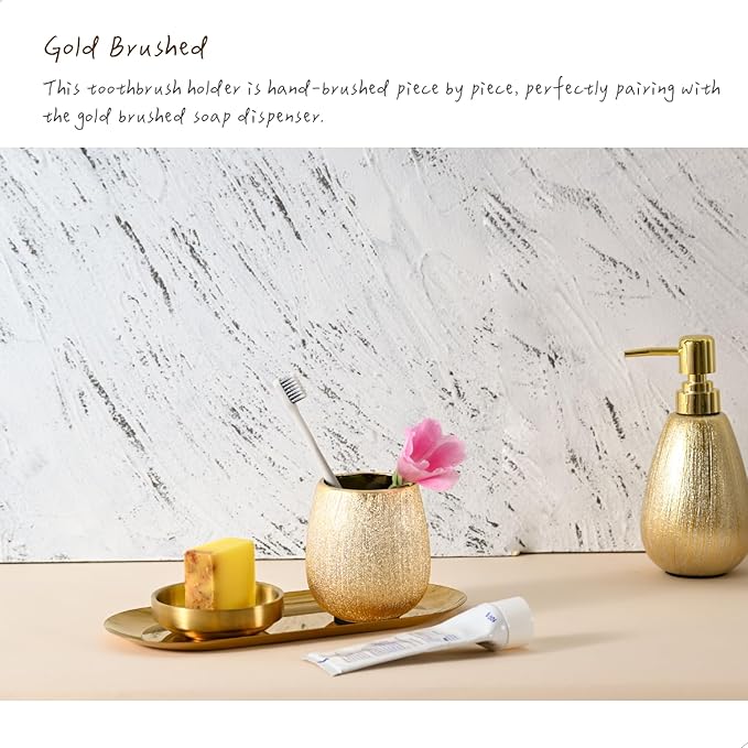 Brushed Gold Ceramic Soap Dispenser 2 Pack, 11 oz Textured Hand or Dish Soap Dispenser with Golden Plastic Pump for Bathroom or Kitchen Countertop